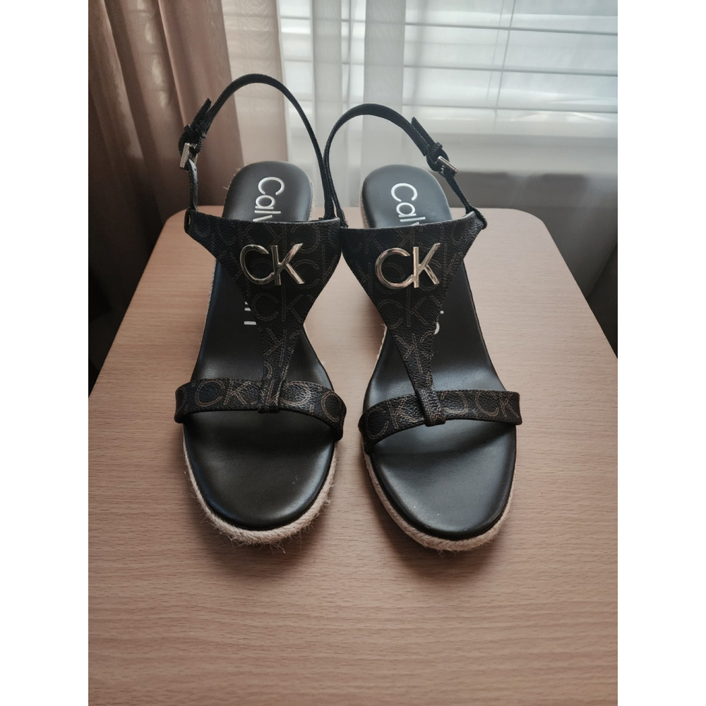 Calvin Klein Dark Brown Logo Espadrille Wedge Sing Back Sandals SZ 9.5 M - Picture 5 of 16